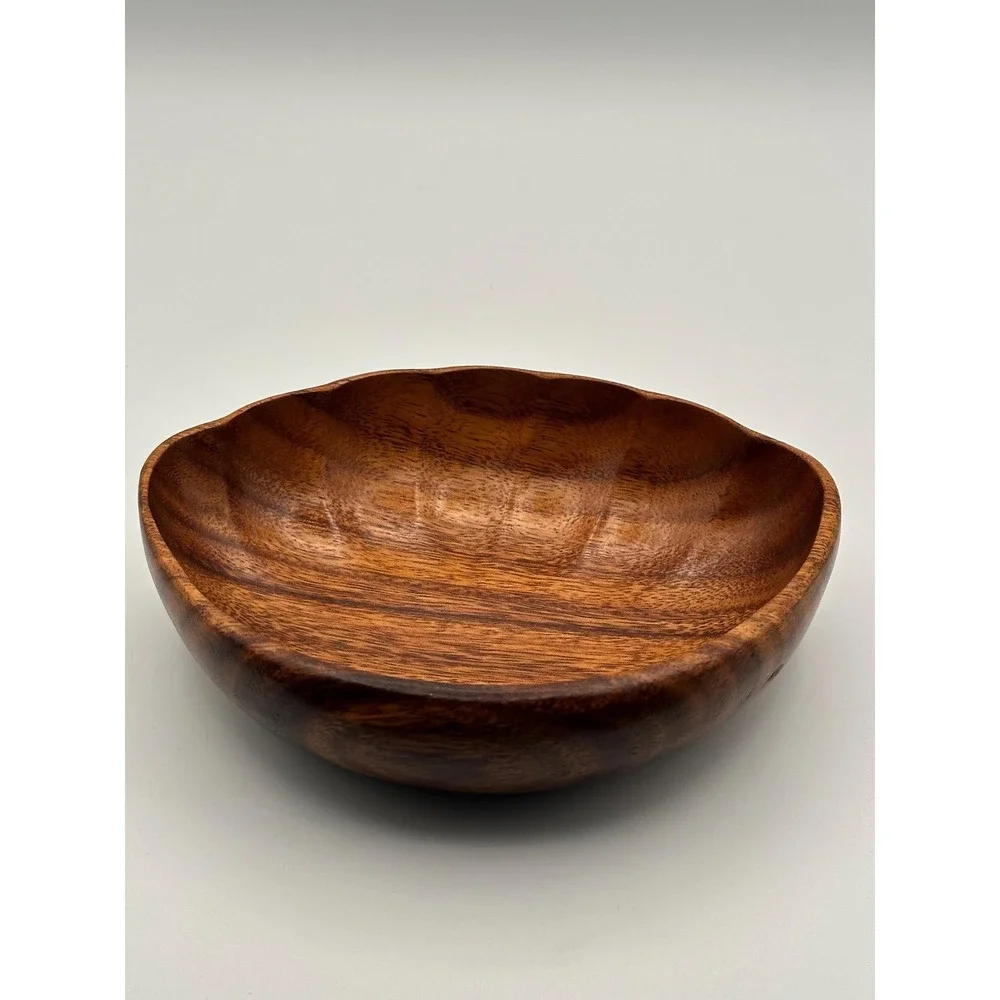 Vintage Hand Carved Wooden Bowl Scalloped Edge MCM Solid Wood